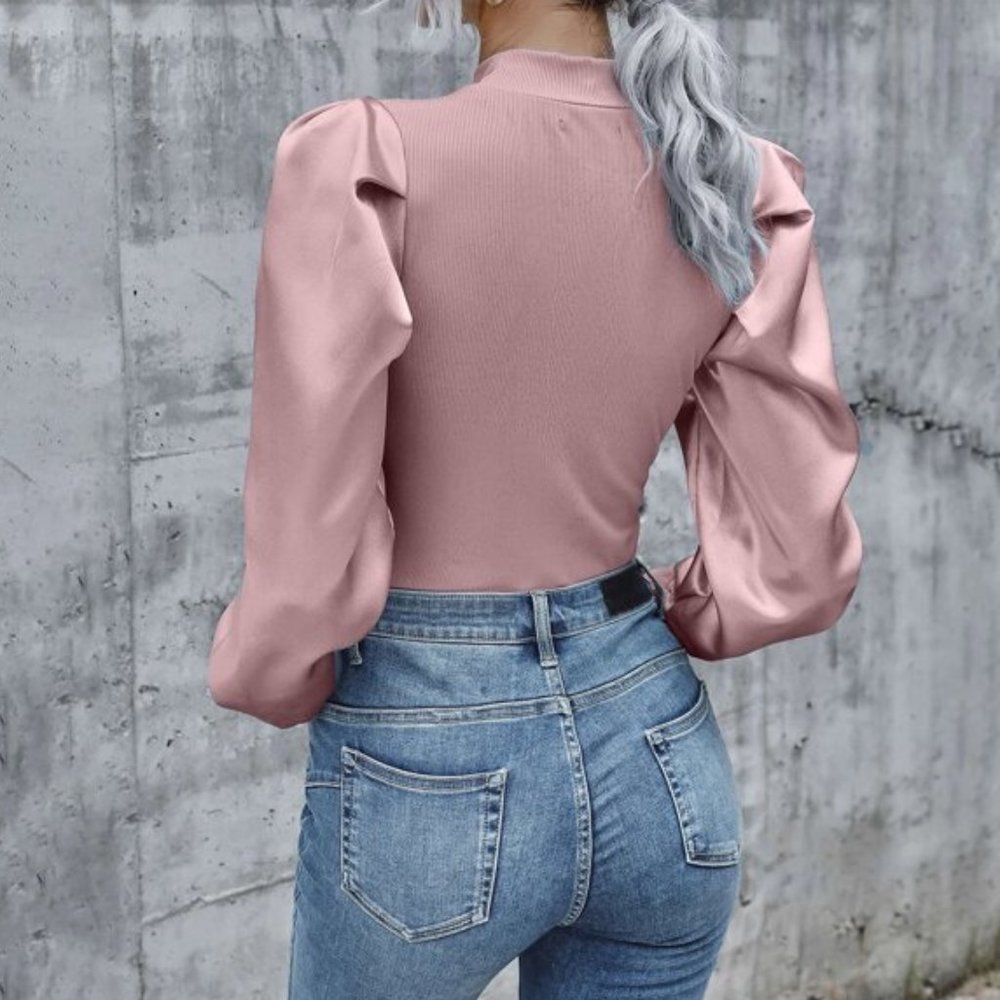 Modern Classic Mock Neck Satin Gigot Sleeve Rib-k - Picture 3 of 4